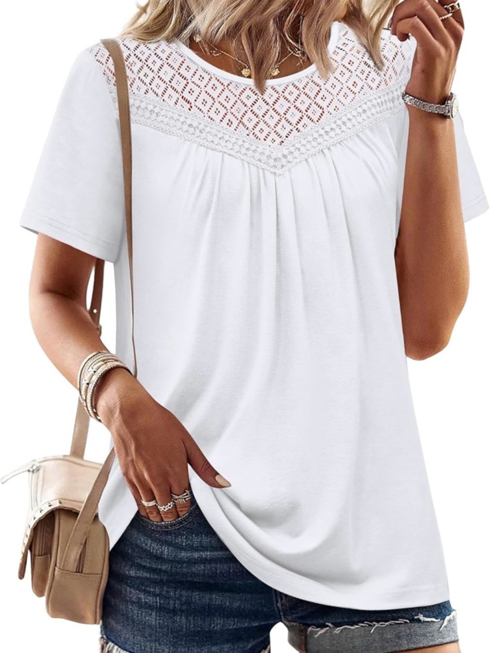 White Lace Yoke Short Sleeve Women's Top